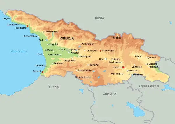 Mapa polityczna Gruzji, pokazująca jej położenie między Morzem Czarnym, Rosją, Turcją, Armenią i Azerbejdżanem. Widoczne miasta i ukształtowanie terenu.