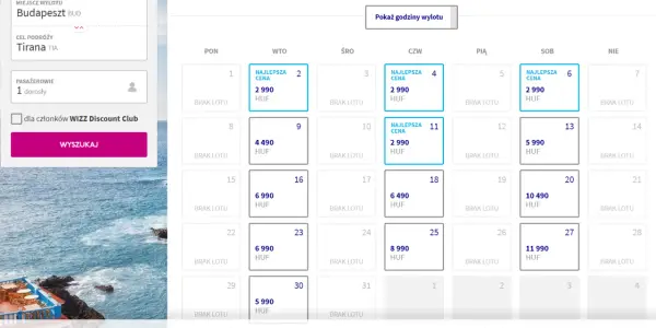 Szukasz jak znalezc tanie loty? Kalendarz pokazuje ceny lotów z Budapesztu do Tirany, z najniższą ceną 2990 HUF.