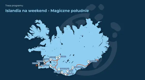 Mapa trasy "Islandia na weekend - Magiczne południe". Zaznaczone punkty: Reykjavik, Gullfoss, Jökulsárlón i inne atrakcje południowego wybrzeża.