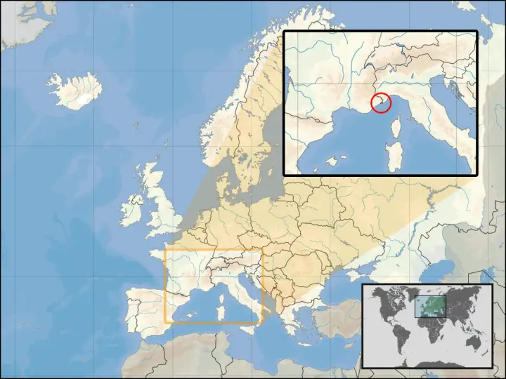 Mapa Europy z zaznaczonym przybliżeniem na Lazurowe Wybrzeże, gdzie jest Monako. Czerwony okrąg wskazuje jego lokalizację.
